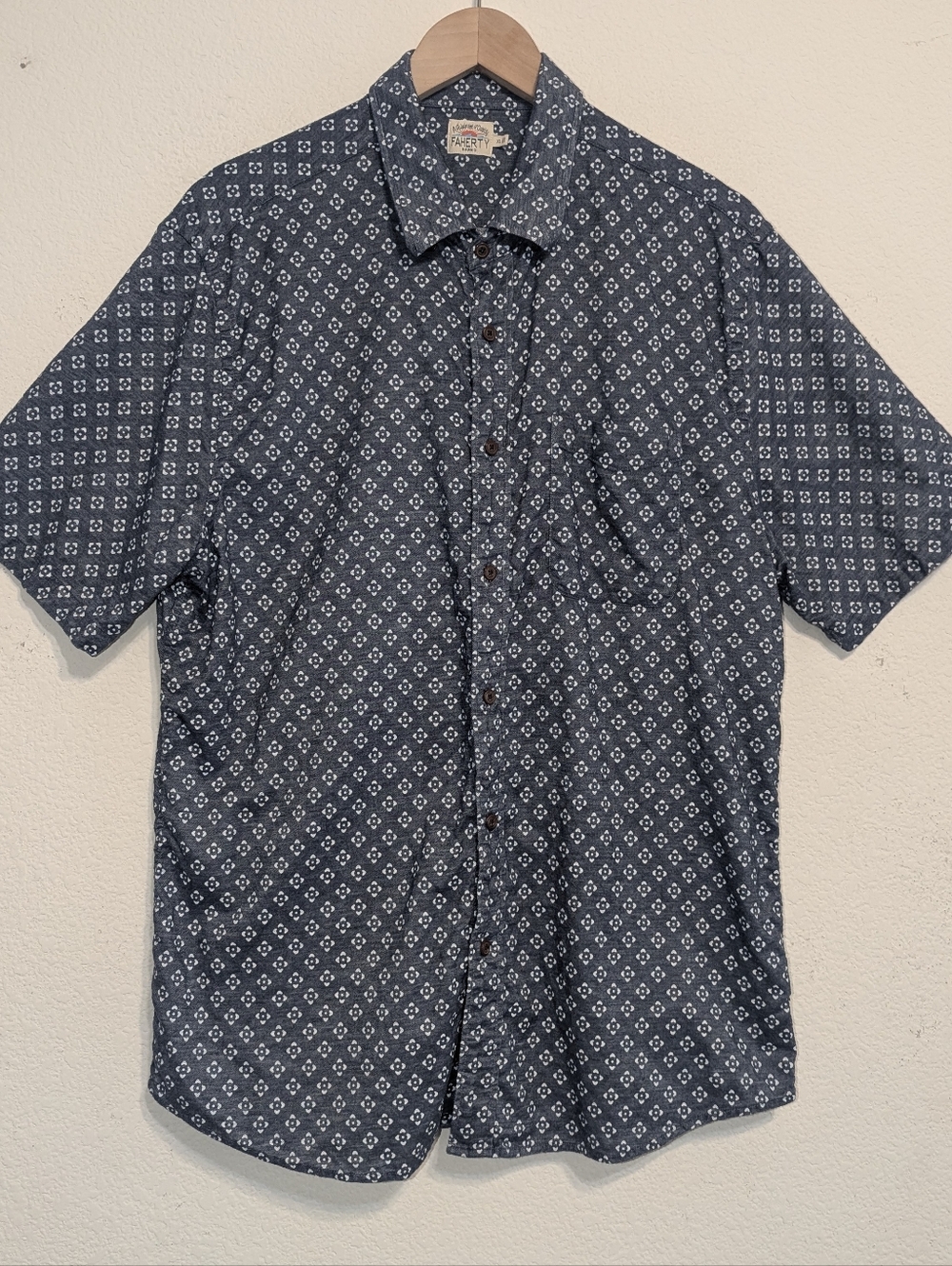 Faherty Atlas Print Blue Short Sleeve Button Down Shirt Chest Pocket Casual XL